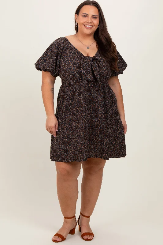 layered dressNavy Cheetah Print Knotted Puff Sleeve Plus Dress