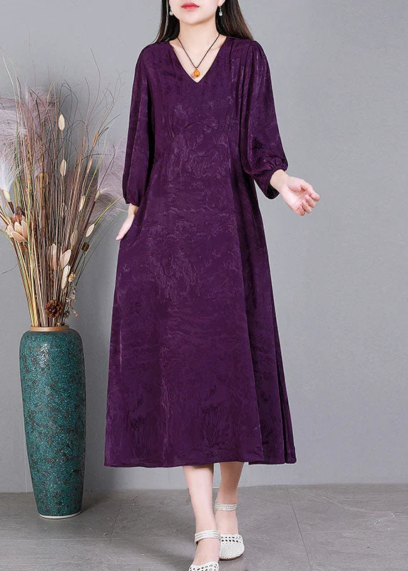 ruched dressFashion Purple V Neck Jacquard Patchwork Wrinkled Silk Dresses Bracelet Sleeve