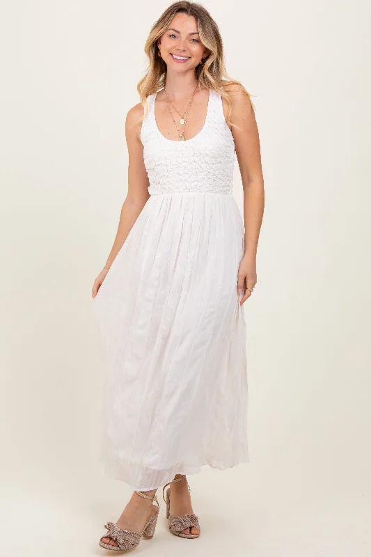 satin midi dressIvory Textured Smocked Bodice Sleeveless Maxi Dress