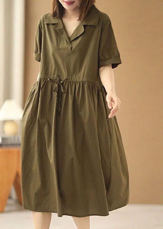 elegant dressFrench Army Green Peter Pan Collar Cinched Pockets Cotton Cinch Long Dress Short Sleeve