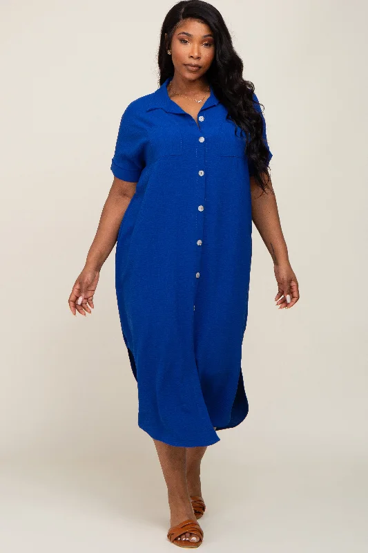 pleated dressRoyal Blue Button Down Hi Low Plus Maxi Dress