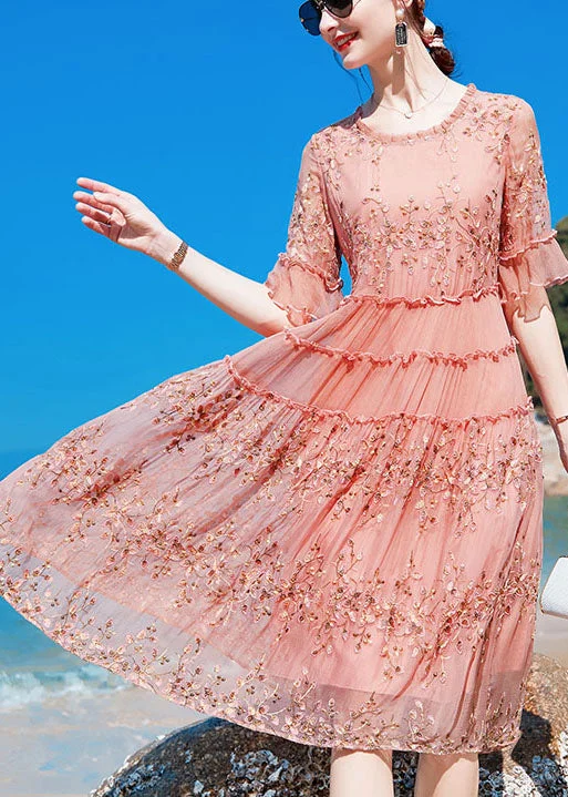 elegant shift dressBoho Pink O-Neck Ruffled Print Silk Maxi Dresses Short Sleeve