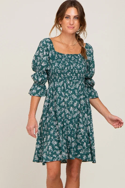 lace-up dressForest Green Floral Ruffle Sleeve Smocked Dress