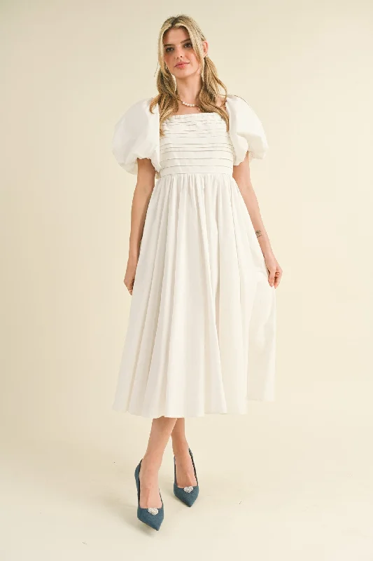 elegant evening dressOff White Balloon Sleeve Pleated Midi Dress