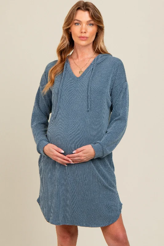 minimalistic dressBlue Ribbed Hoodie Maternity Dress