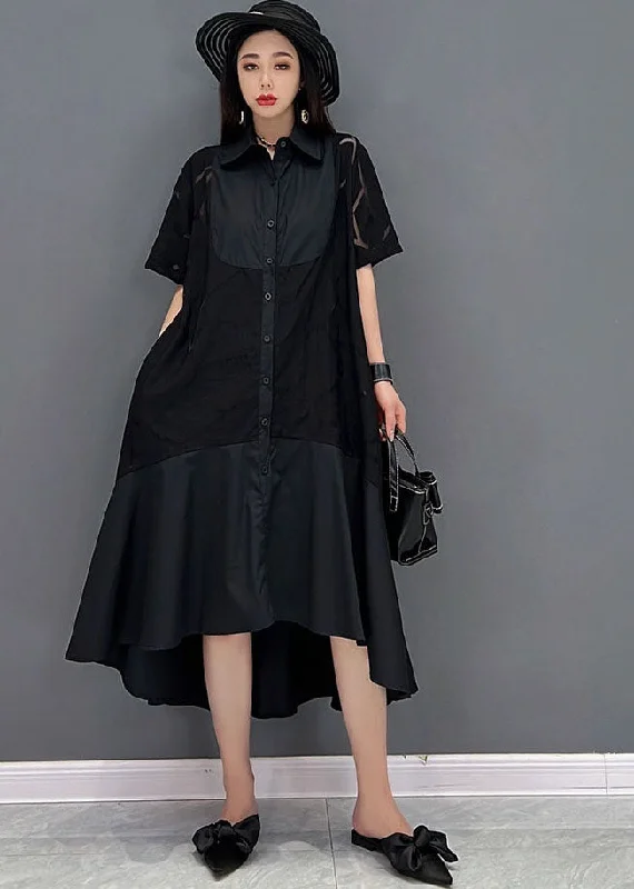 layered dressModern Black Peter Pan Collar Patchwork Cotton Shirt Dress Short Sleeve