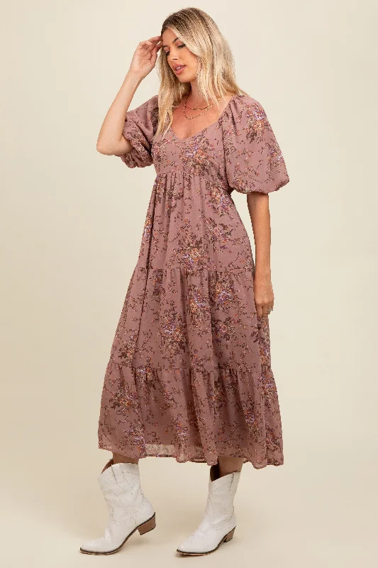 casual slip dressMauve Floral Tiered Puff Sleeve Maxi Dress