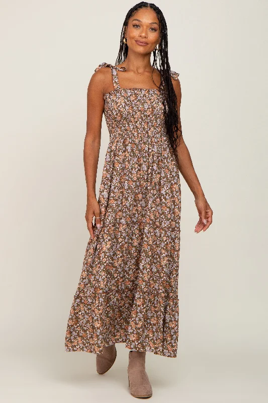 chic dressCamel Floral Sleeveless Tiered Maxi Dress