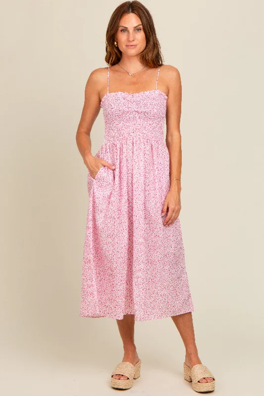 flowy dressPink Printed Smocked Midi Dress