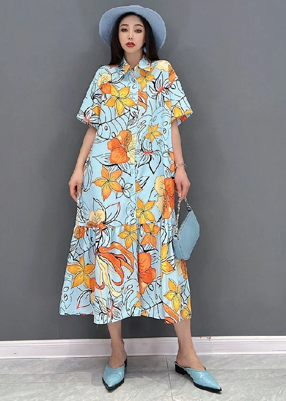 sleek dressOrange Floral Print Patchwork Shirt Dress Button Wrinkled Short Sleeve