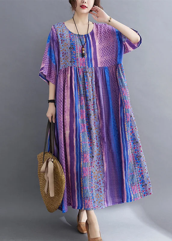 layered dressSimple Purple Wrinkled Patchwork Pockets Print Cotton Long Dress Half Sleeve