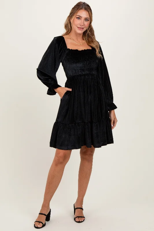 satin dressBlack Velvet Smocked Long Sleeve Dress