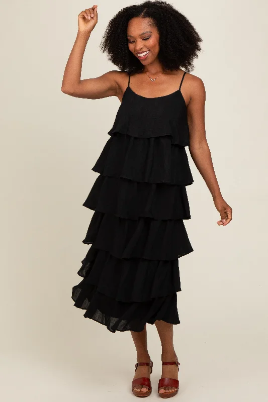 puff sleeve dressBlack Tiered Midi Dress