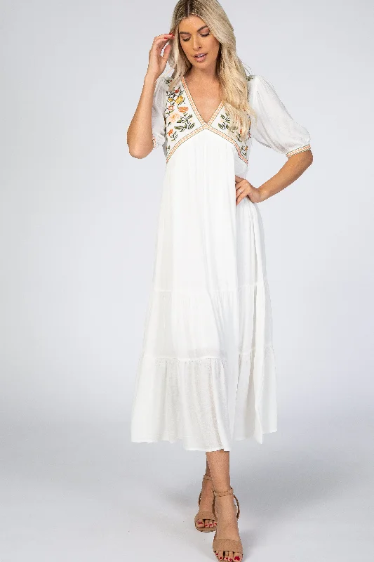 pleated maxi dressIvory Floral Embroidered Midi Dress