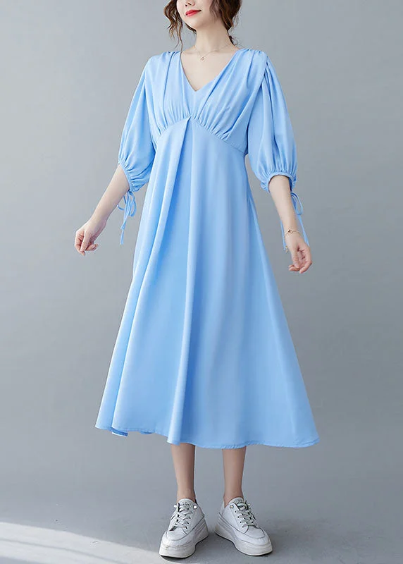 elegant maxi dressBoho Solid Blue V Neck Wrinkled Chiffon Long Dresses Bracelet Sleeve