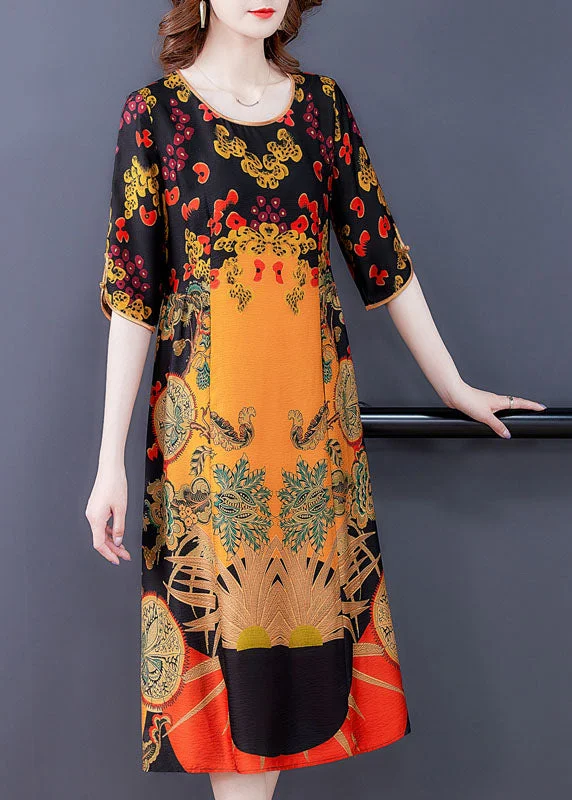 comfy dressWomen Yellow O-Neck Print Silk Women's Dress Half Sleeve