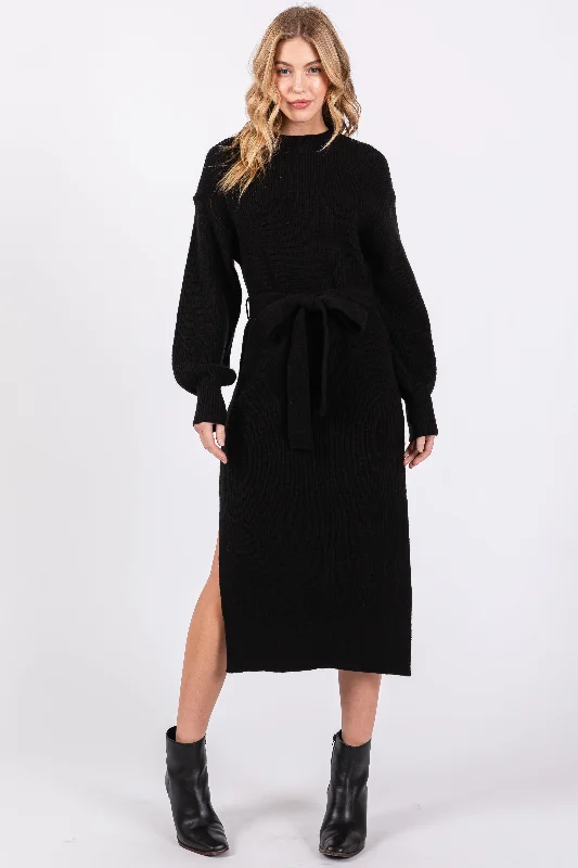 bohemian dressBlack Side Slit Sweater Midi Dress