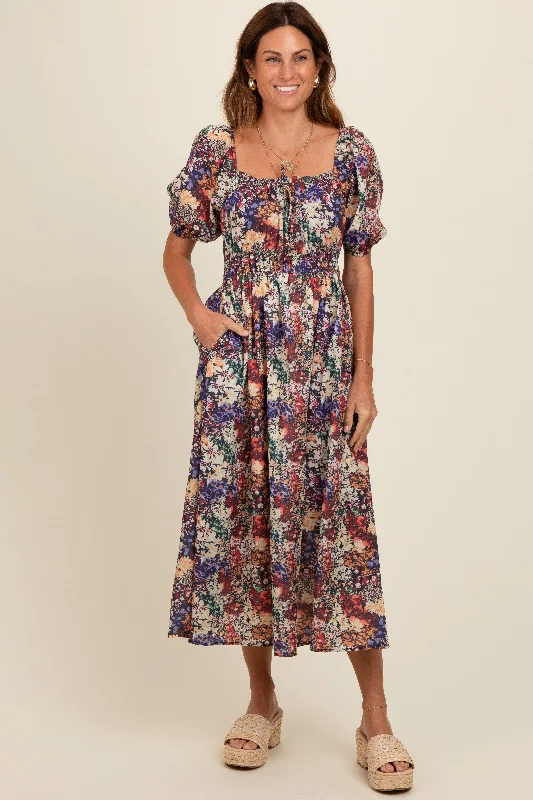 wrap-around dressBlack Floral Puff Sleeve Midi Dress