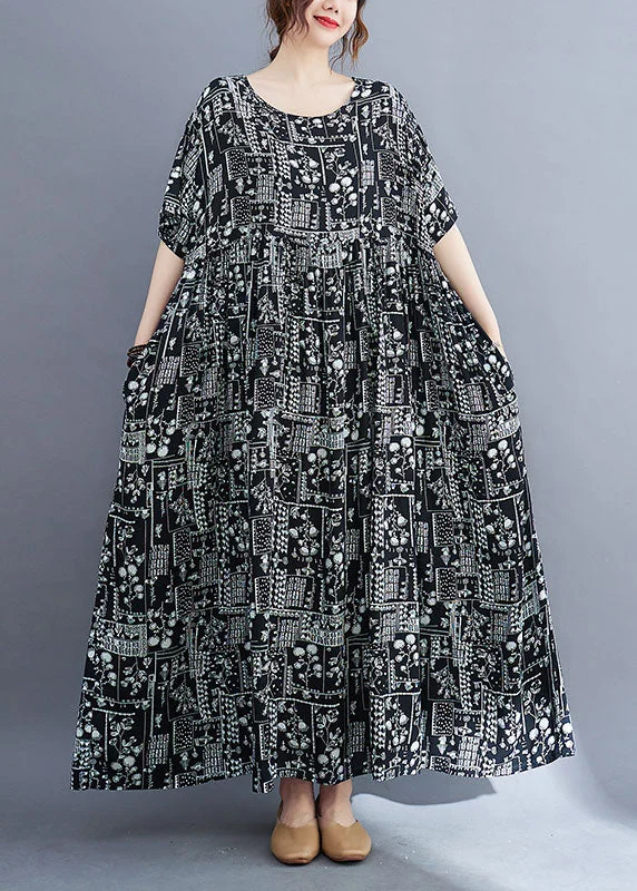 romantic dressBaggy Black Wrinkled Patchwork Print Exra Large Hem Cotton Long Dress Short Sleeve