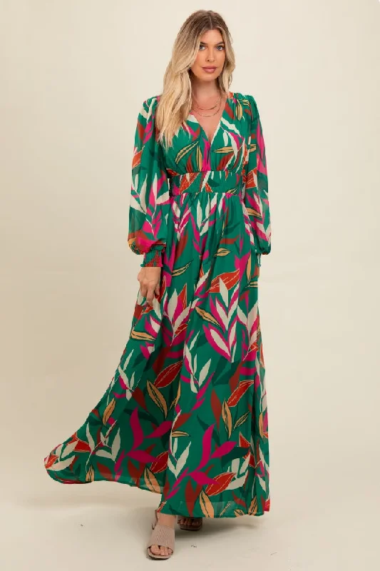 modern dressForest Green Leaf Print Deep V-Neck Maxi Dress