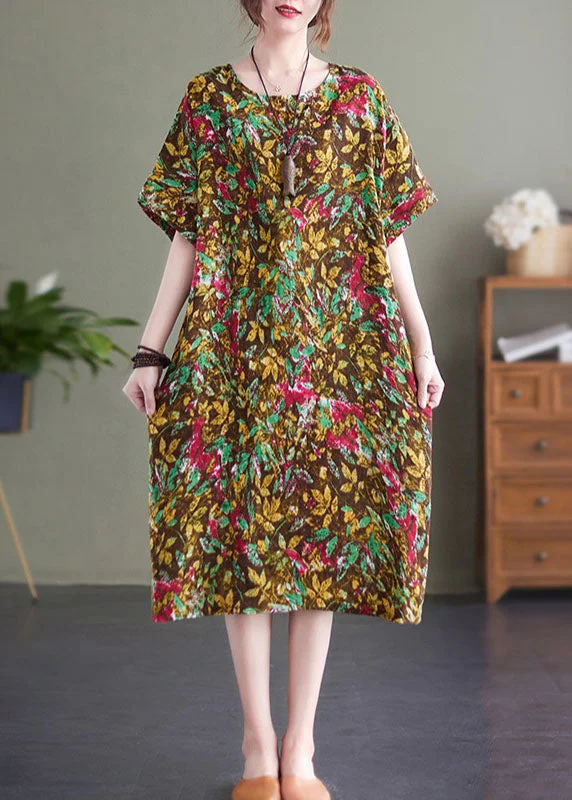 floral wrap dressVintage Yellow Print O-Neck Cotton Long Dresses Short Sleeve