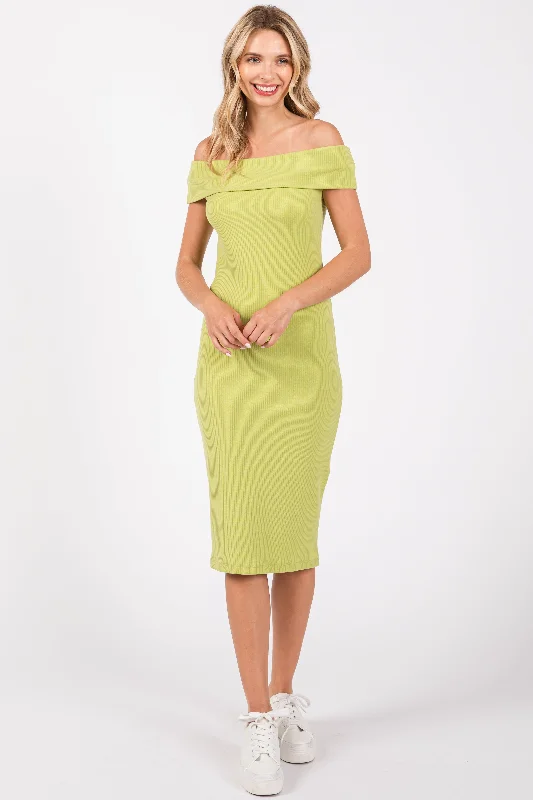 vintage-inspired dressLime Ribbed Knit Off Shoulder Midi Dress