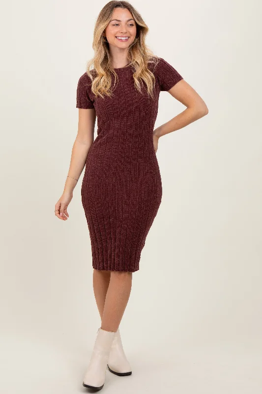 formal dressBrown Chenille Knit Short Sleeve Sweater Dress