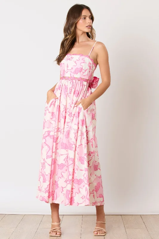 long-sleeve floral dressPink Floral Wave Trim Back Tie Midi Dress