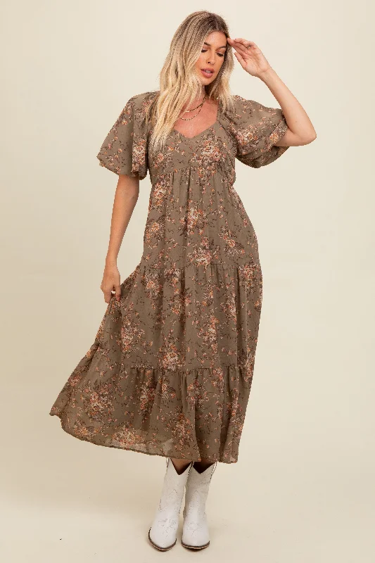 wrap dressOlive Floral Tiered Puff Sleeve Maxi Dress