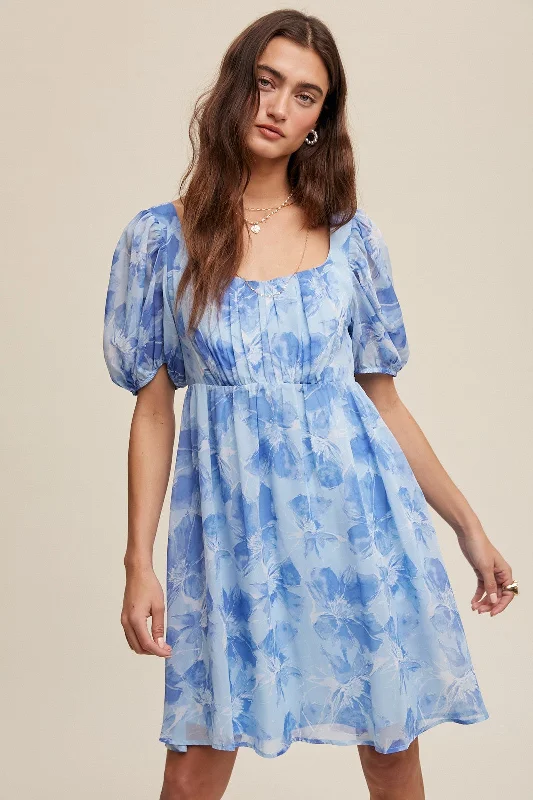 comfy dressBlue Floral Puff Sleeve Mini Dress