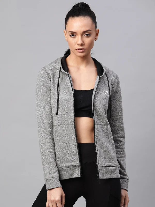 Alcis Women Grey Melange Solid Hooded Sweatshirt