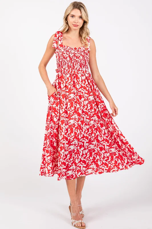 A-line dressRed Printed Smocked Shoulder Tie Midi Dress