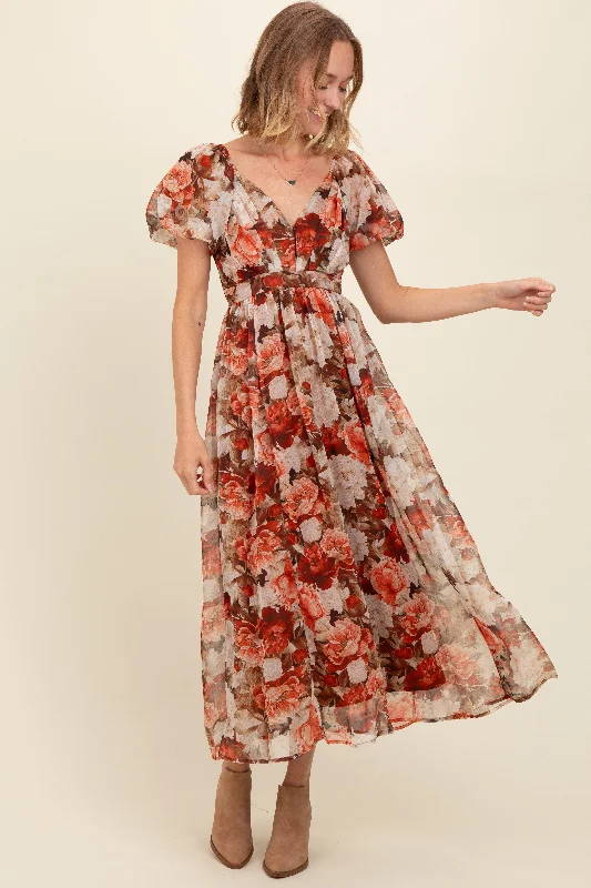 winter dressRust Floral Puff Sleeve Maxi Dress