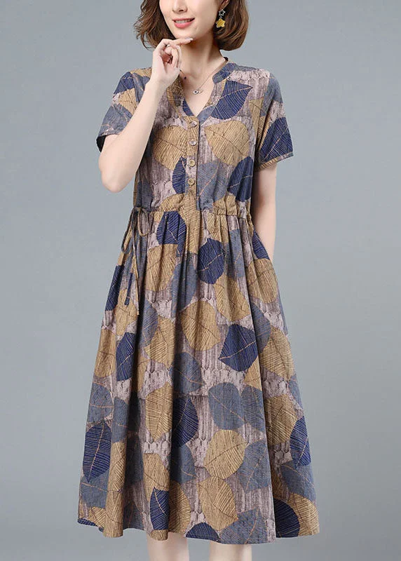 vintage-inspired dressHandmade Blue Print V Neck Drawstring Pocket Cotton Cinch Dresses Short Sleeve