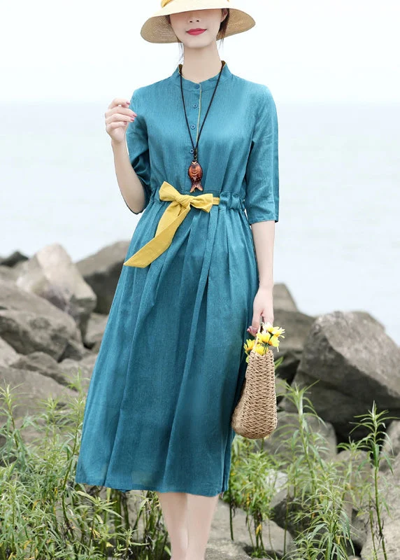 satin midi dressOriginal Design Blue Green Stand Collar Tie Waist Linen Long Dress Half Sleeve