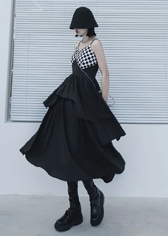 off-the-shoulder dressHandmade Black Plaid Patchwork Cotton Spaghetti Strap Long Dress Summer