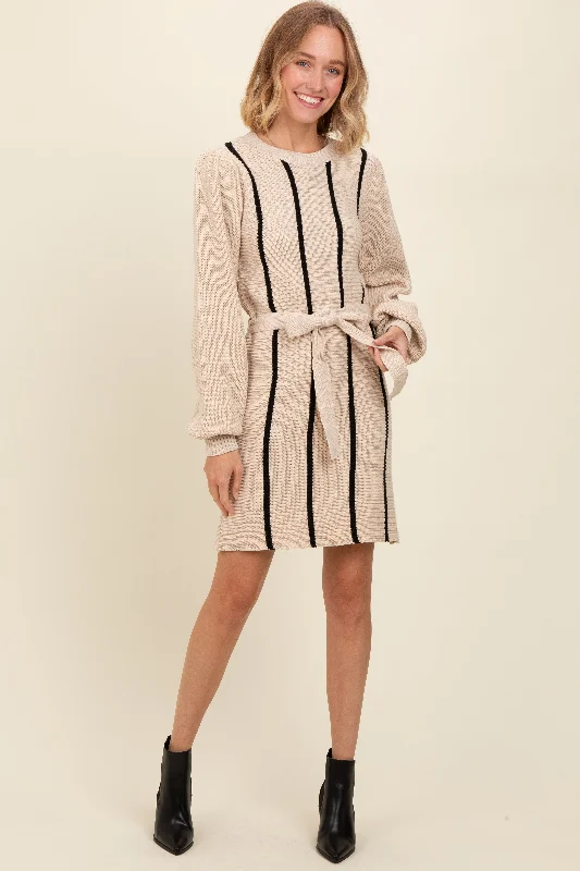 flowy maxi dressCream Striped Sash Tie Sweater Dress