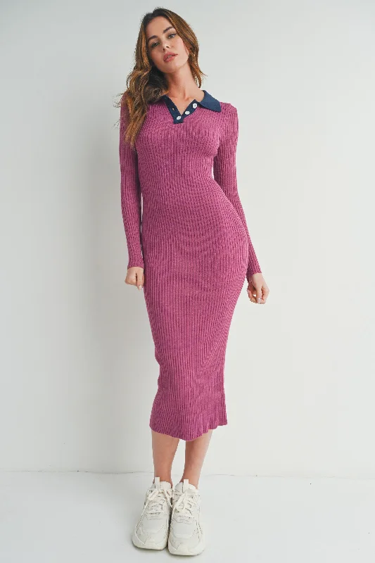 long sleeve dressMagenta Collared Button Front Long Sleeve Midi Sweater Dress