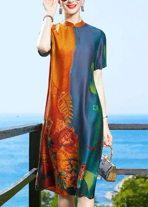 spaghetti strap dressVintage Colorblock Mandarin Collar Print Silk Cheongsam Dress Short Sleeve