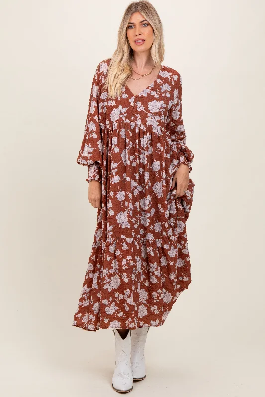 luxury dressRust Floral Textured Bubble Sleeve Maxi Dress