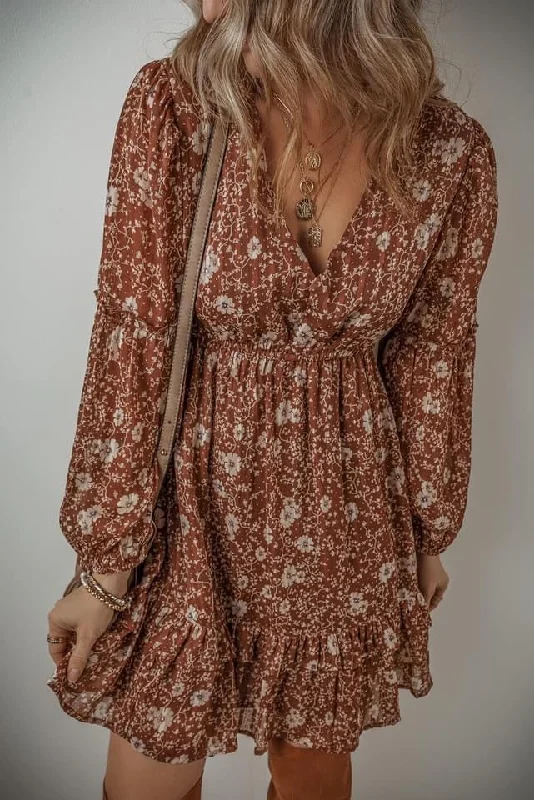 draped dressBrown Boho Floral Ruffled Puff Sleeve V Neck  Dress