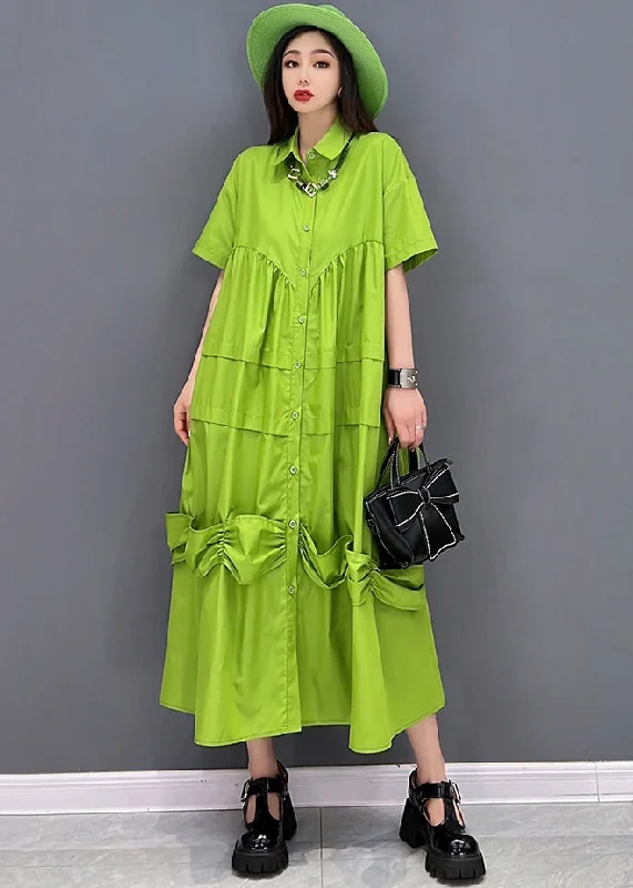 comfy dressBohemian Solid Green Peter Pan Collar Patchwork Oversized Dress Short Sleeve