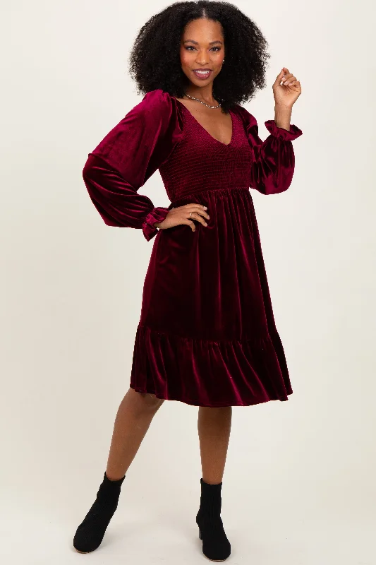 high-waisted dressBurgundy Velvet Smocked Long Sleeve Dress