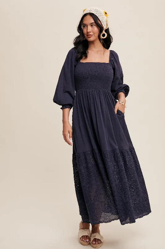 textured dressNavy Blue Smocked Eyelet Lace Hem Maxi Dress