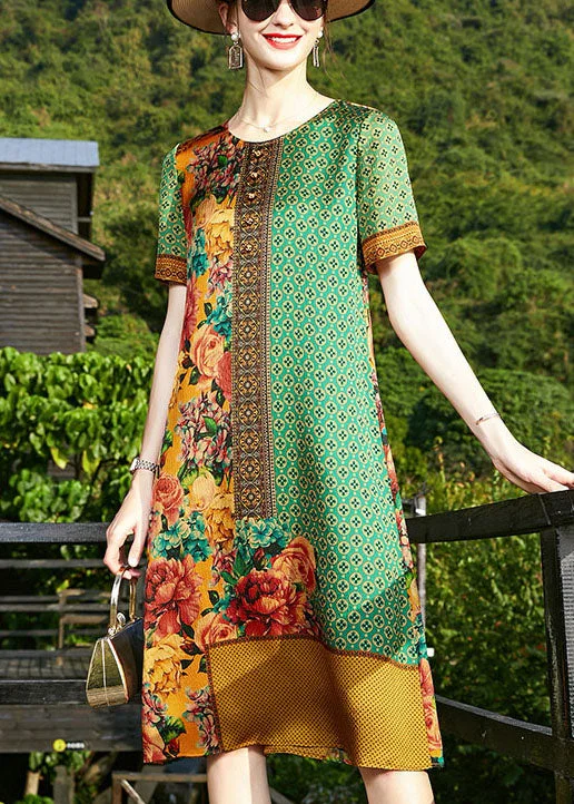 ashionable dressArt Green O-Neck Print 2024 Silk Formal Dresses Short Sleeve