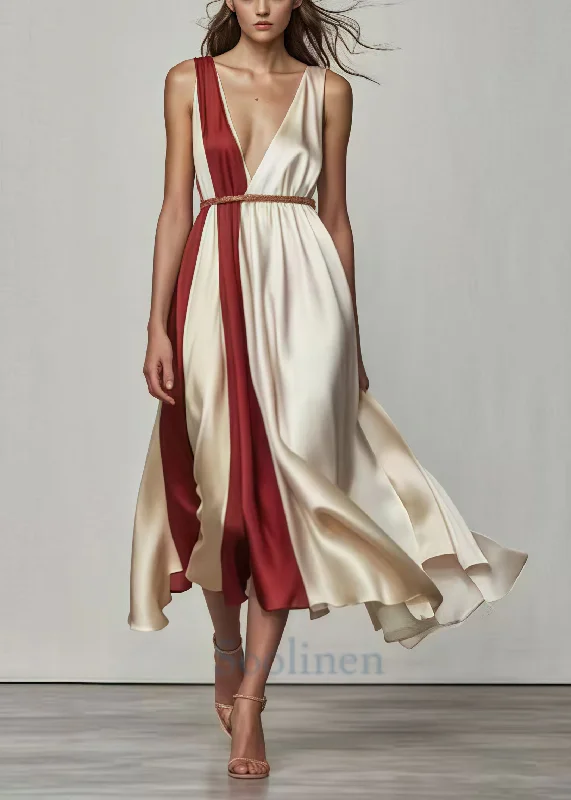 flowy evening dressNude Patchwork Draping Silk Dresses Exra Large Hem Summer