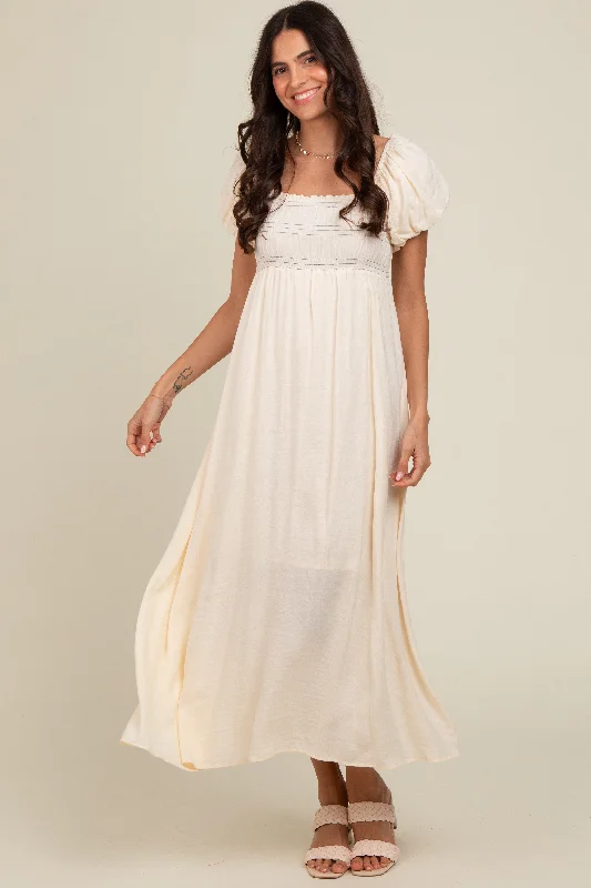 satin midi dressCream Smocked Puff Sleeve Maxi Dress