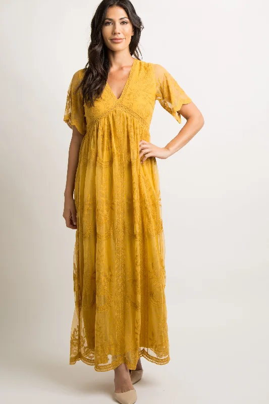 winter dressPinkBlush Mustard Lace Mesh Overlay Maxi Dress