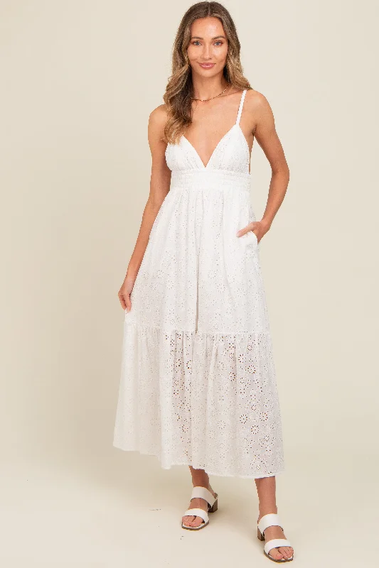 structured dressIvory Eyelet Lace Smocked Cutout Maxi Dress