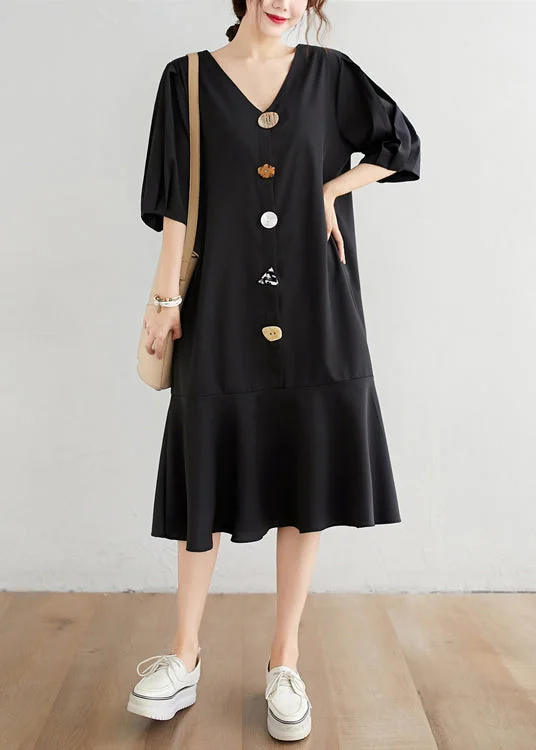 playful dressModern Black V Neck Ruffles Button Chiffon Dresses Half Sleeve